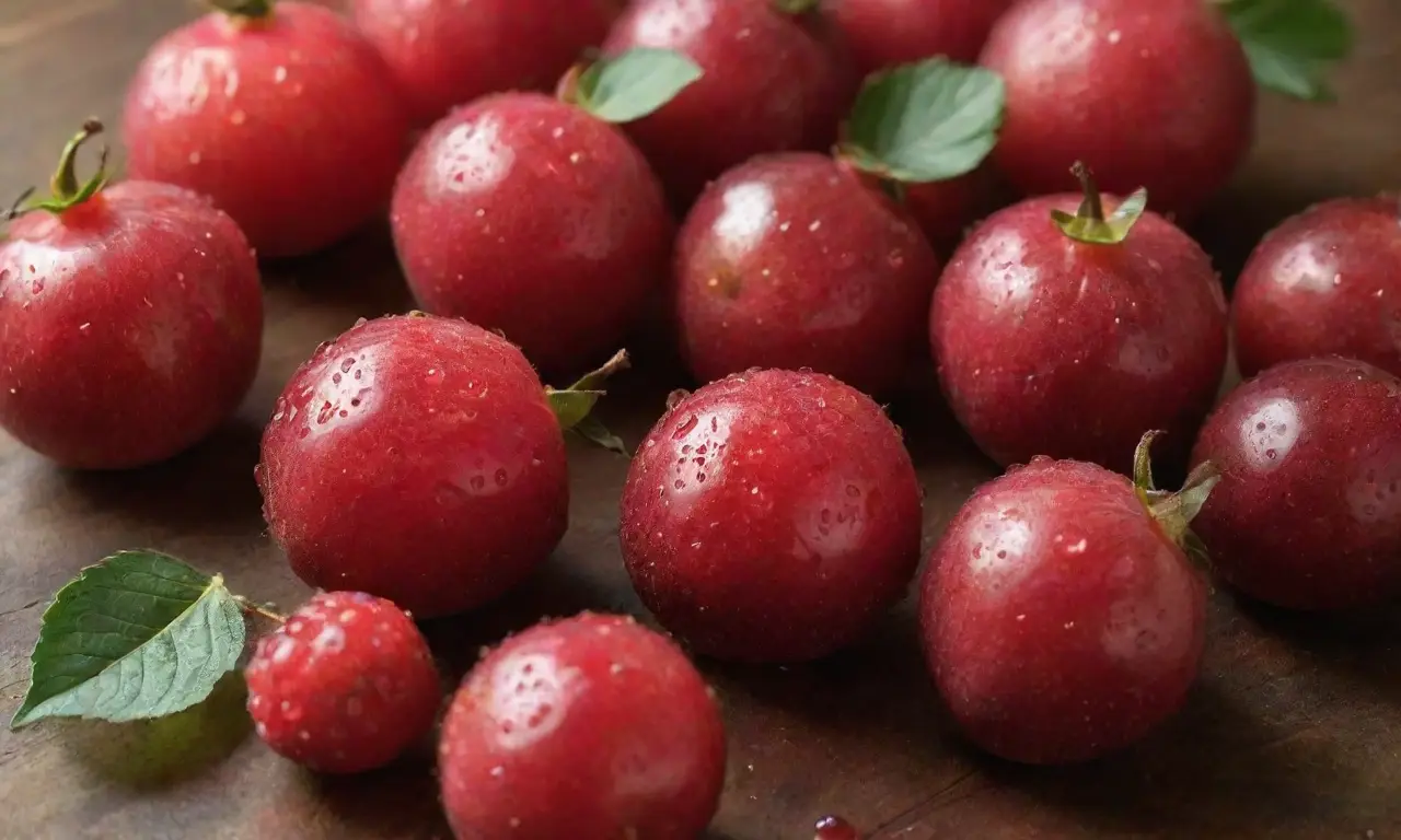 Frutas rojas brillantes sobre una mesa rústica