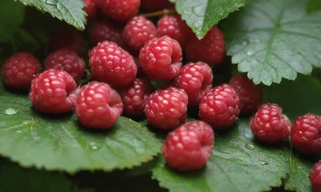 Frutas rojas frescas brillan entre hojas verdes