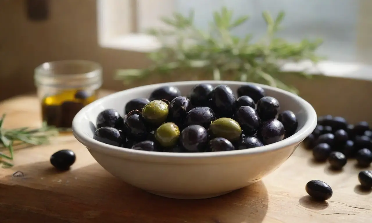 Mesa rústica con aceitunas y hierbas frescas