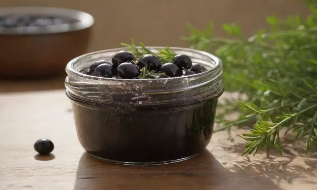 Mesa rústica con aceitunas y hierbas frescas