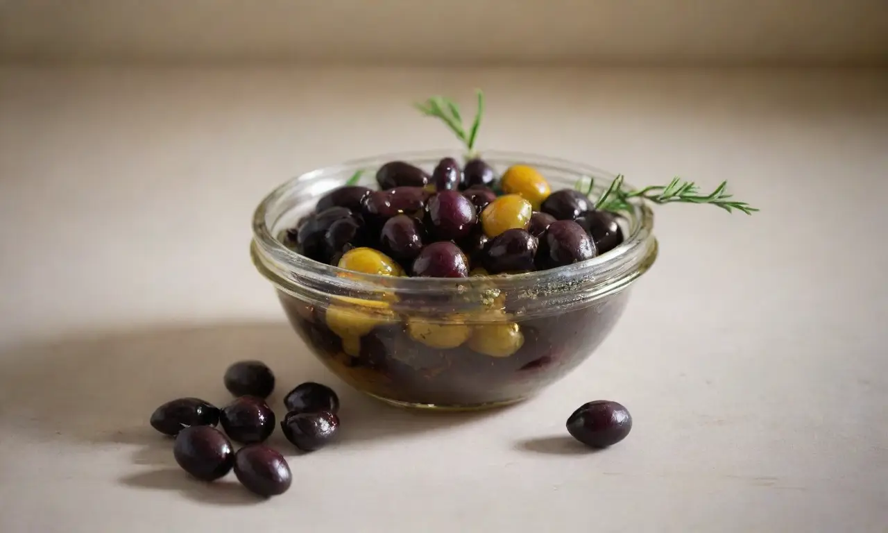 Mesa rústica con aceitunas y hierbas frescas
