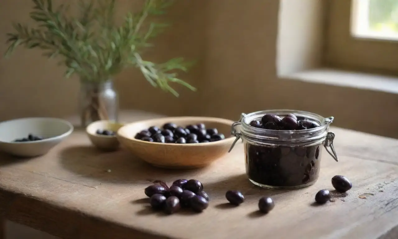 Mesa rústica con aceitunas y vinagre