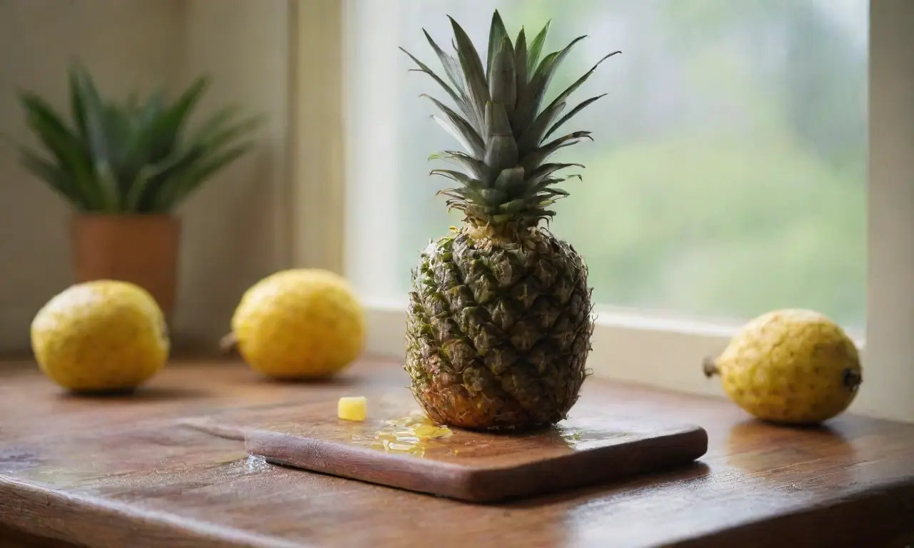 Una piña fresca brilla en la mesa