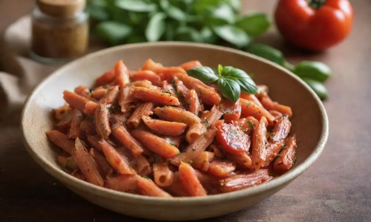 Mesa rústica con pasta y salsa arrabbiata