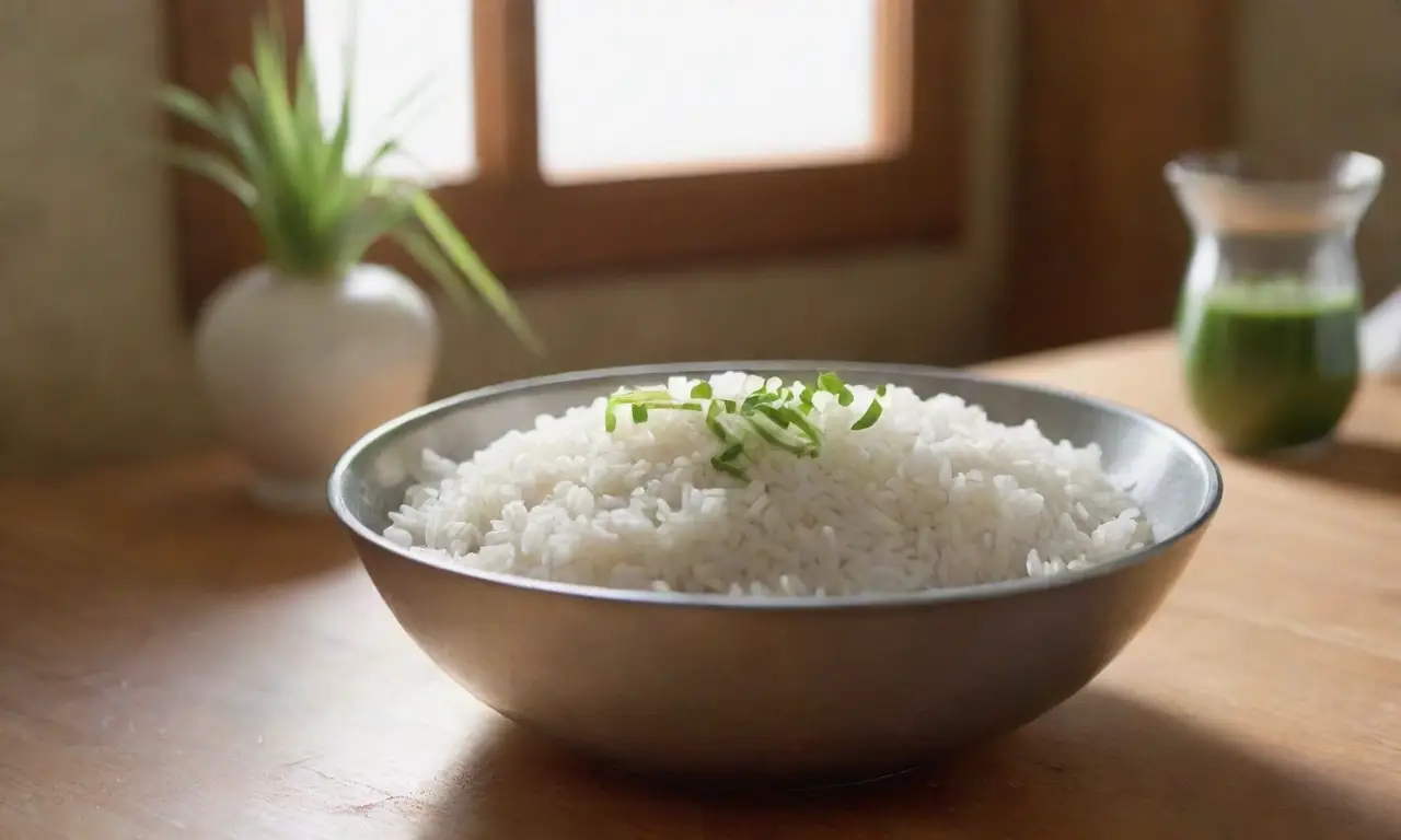 Arroz cocido y fresco en cocina iluminada