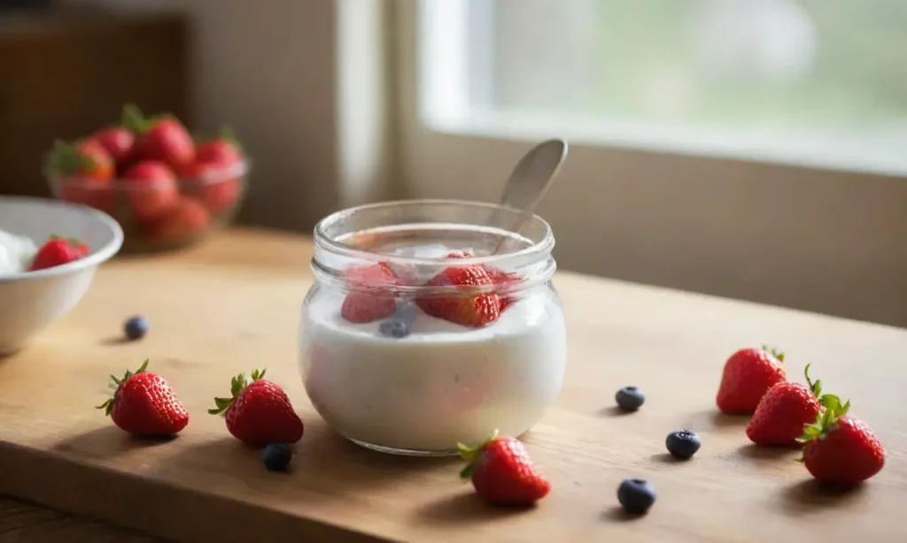 Yogur casero con frutas en un tarro