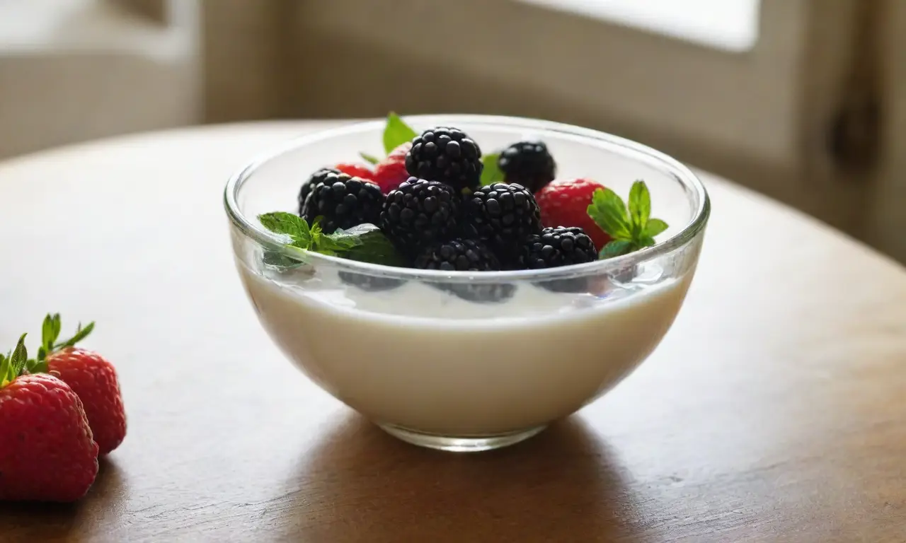 Mesa rústica con yogurt y frutas frescas