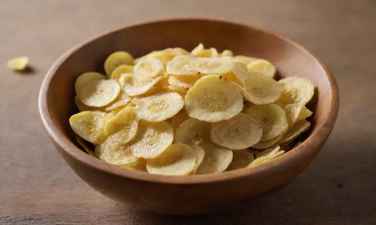 Chips de plátano dorados en un tazón