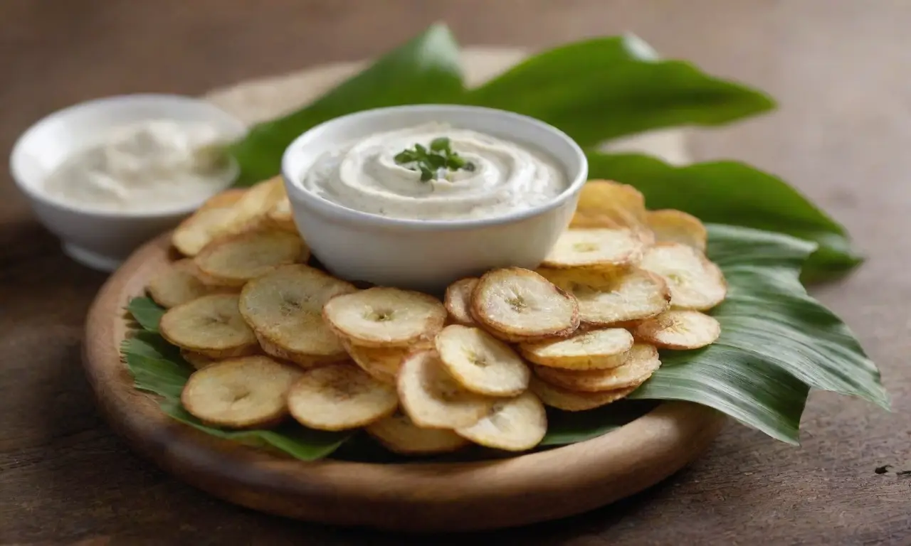 Chips de plátano doradas con dip cremoso