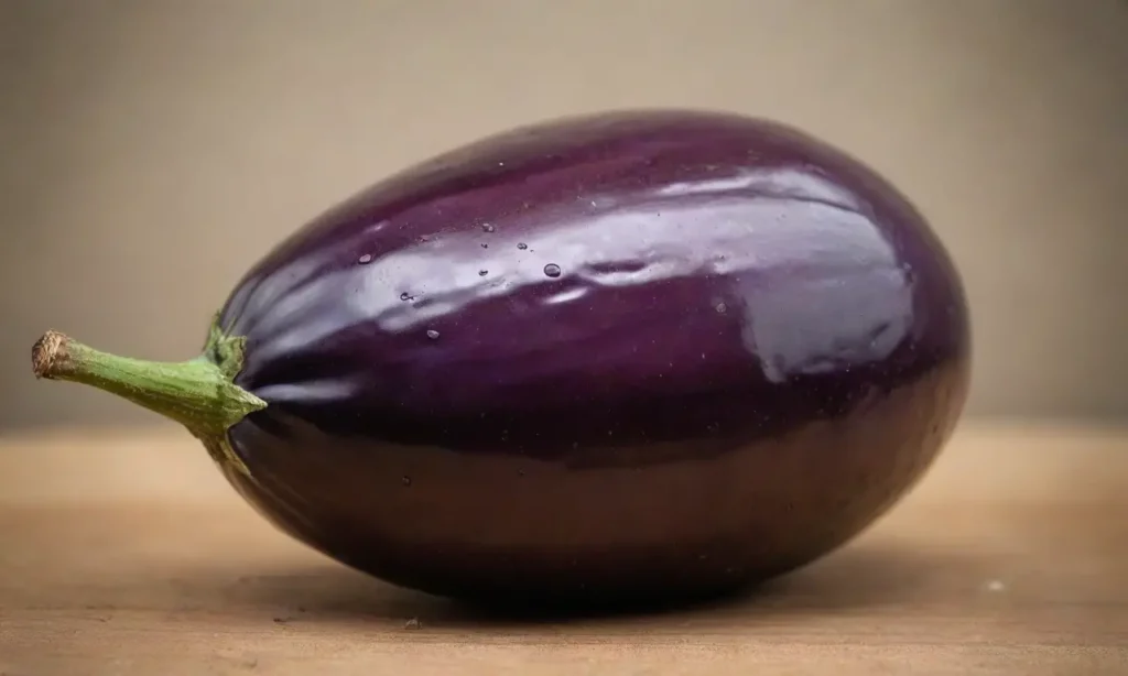 Berenjena morada brillante sobre tabla de madera