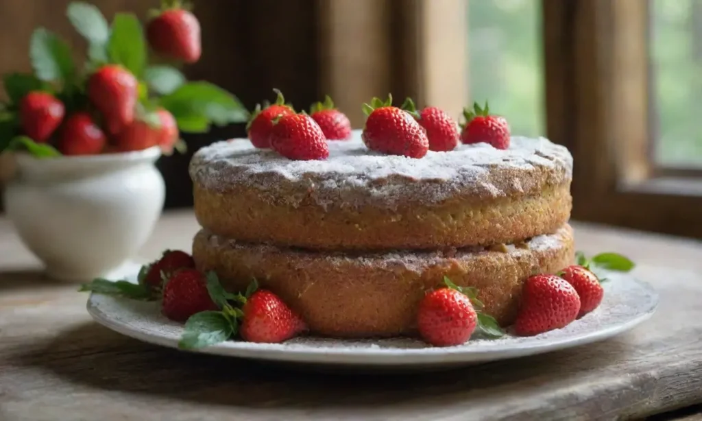 Pastel dorado con fresas en un entorno acogedor
