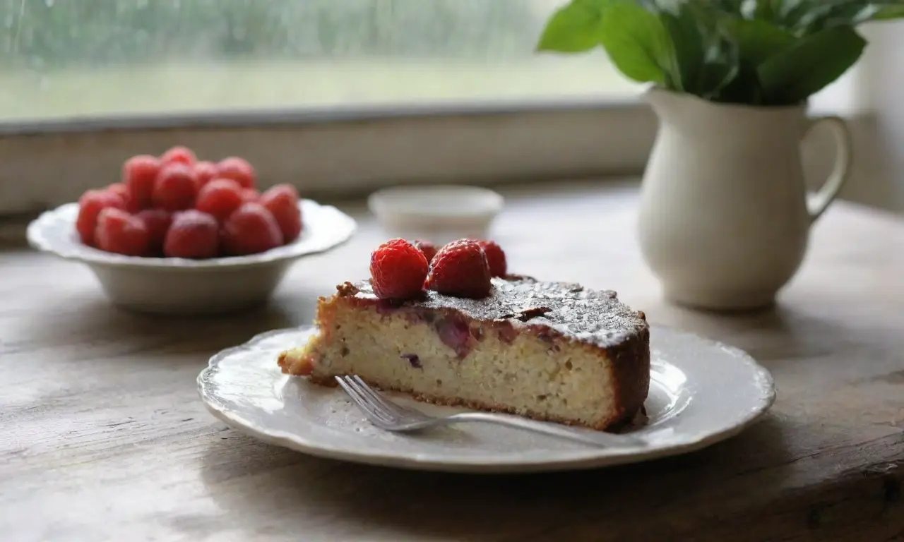 Mesa rústica con pastel y frutas frescas