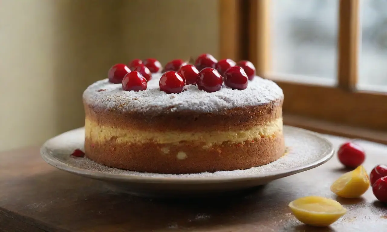 Pastel dorado con cerezas y glaseado brillante