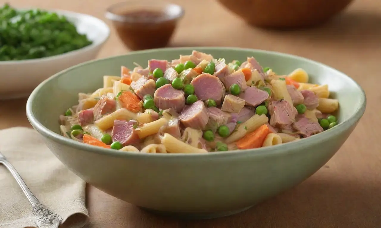 Pasta vibrante con atún, verduras y aceite
