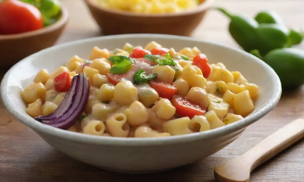 Mesa rústica con ensalada de pasta fresca