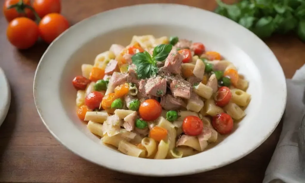 Pasta vibrante con atún y verduras frescas