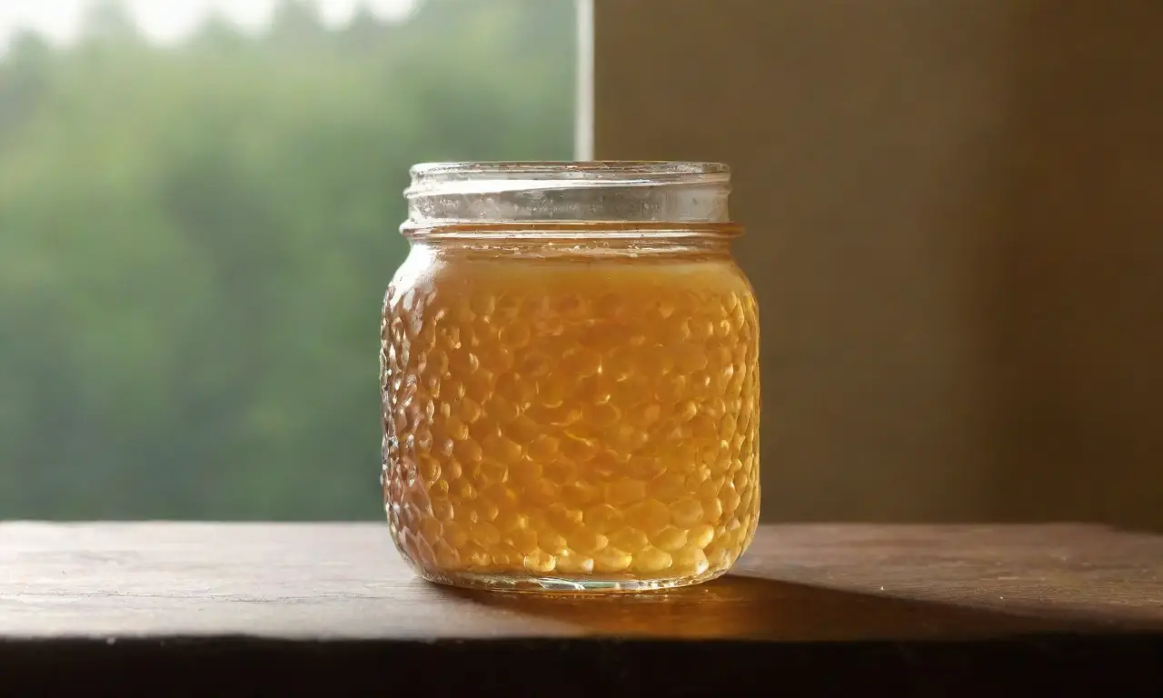 Miel dorada brilla en un frasco acogedor