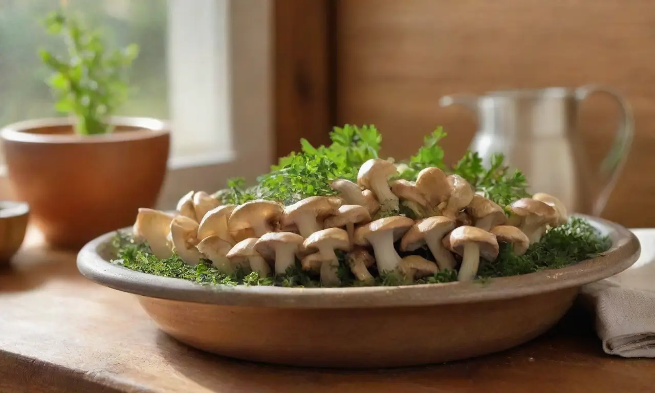 Tablero de madera con champiñones y hierbas