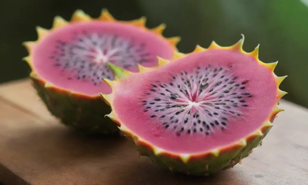 Pitahaya rosa fresca en una cocina iluminada