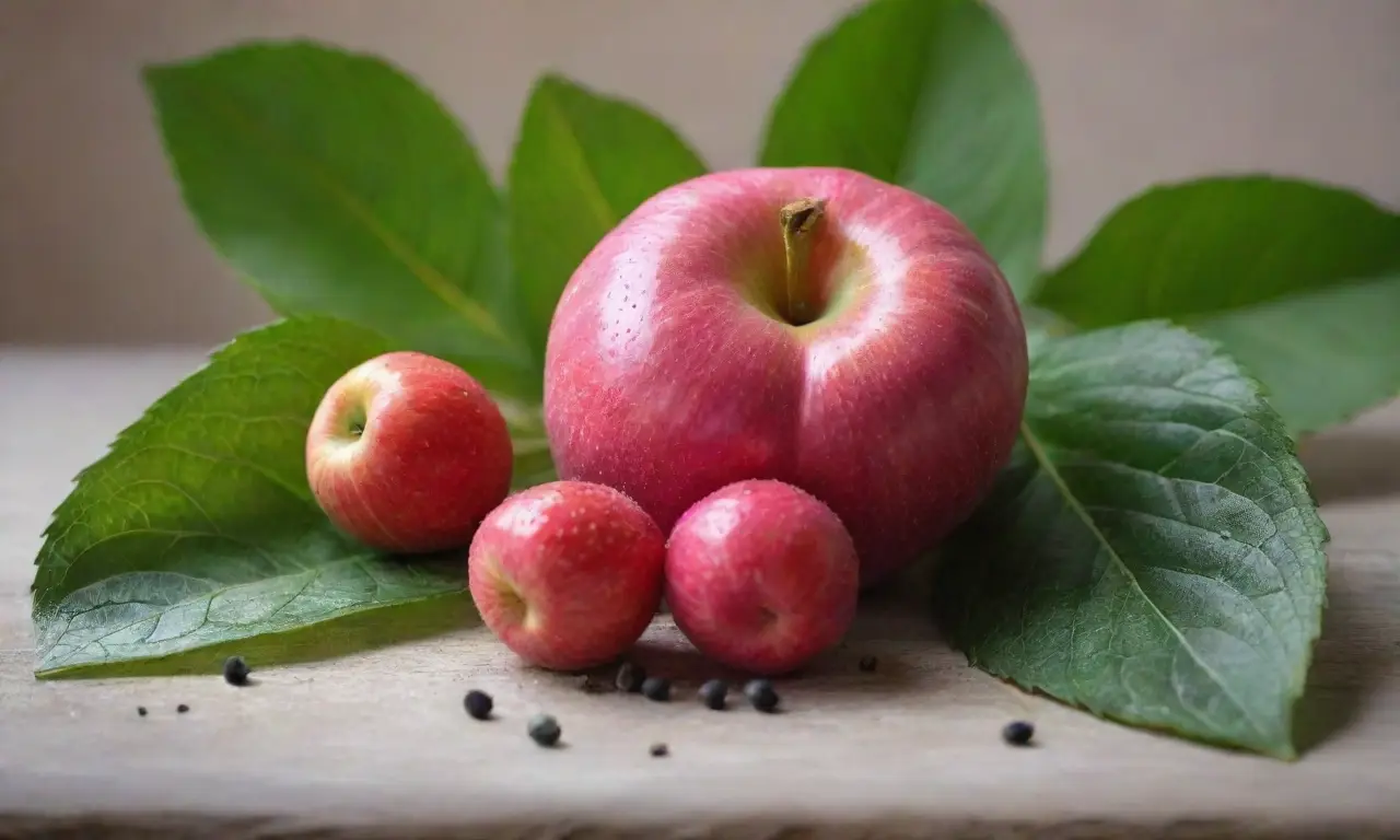 Fruta rosa brillante rodeada de hojas verdes