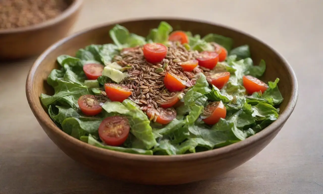 Ensalada fresca en un tazón de madera