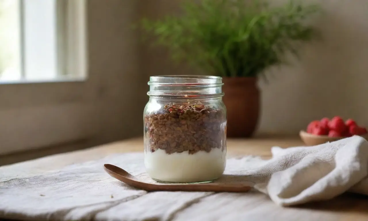 Mesa rústica con semillas, yogurt y frutas