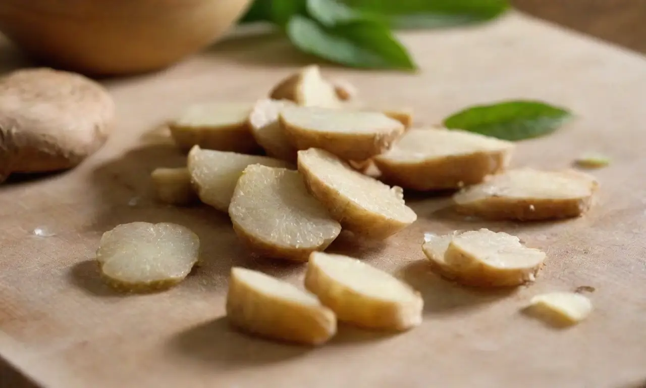 Tablero de madera con jengibre fresco y seco