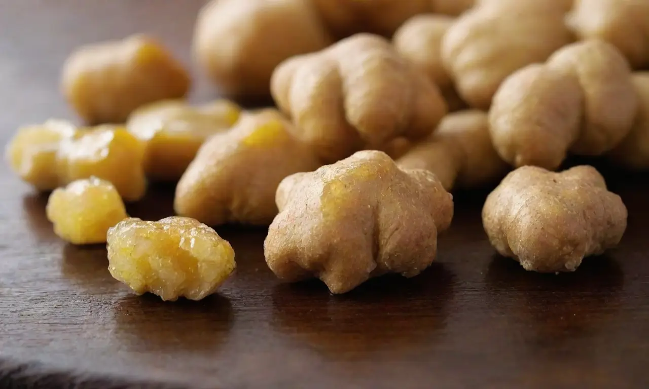 Jengibre glaseado brillante sobre mesa rústica