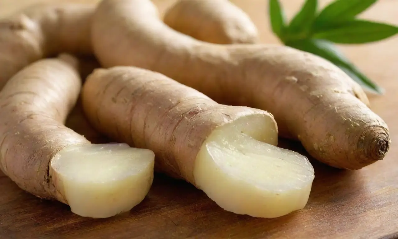 Jengibre fresco sobre una tabla iluminada