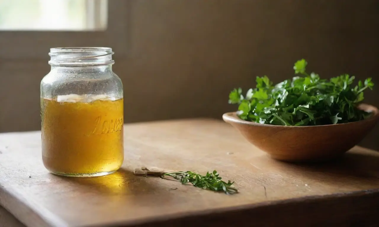 Mesa rústica con jengibre y aceite dorado