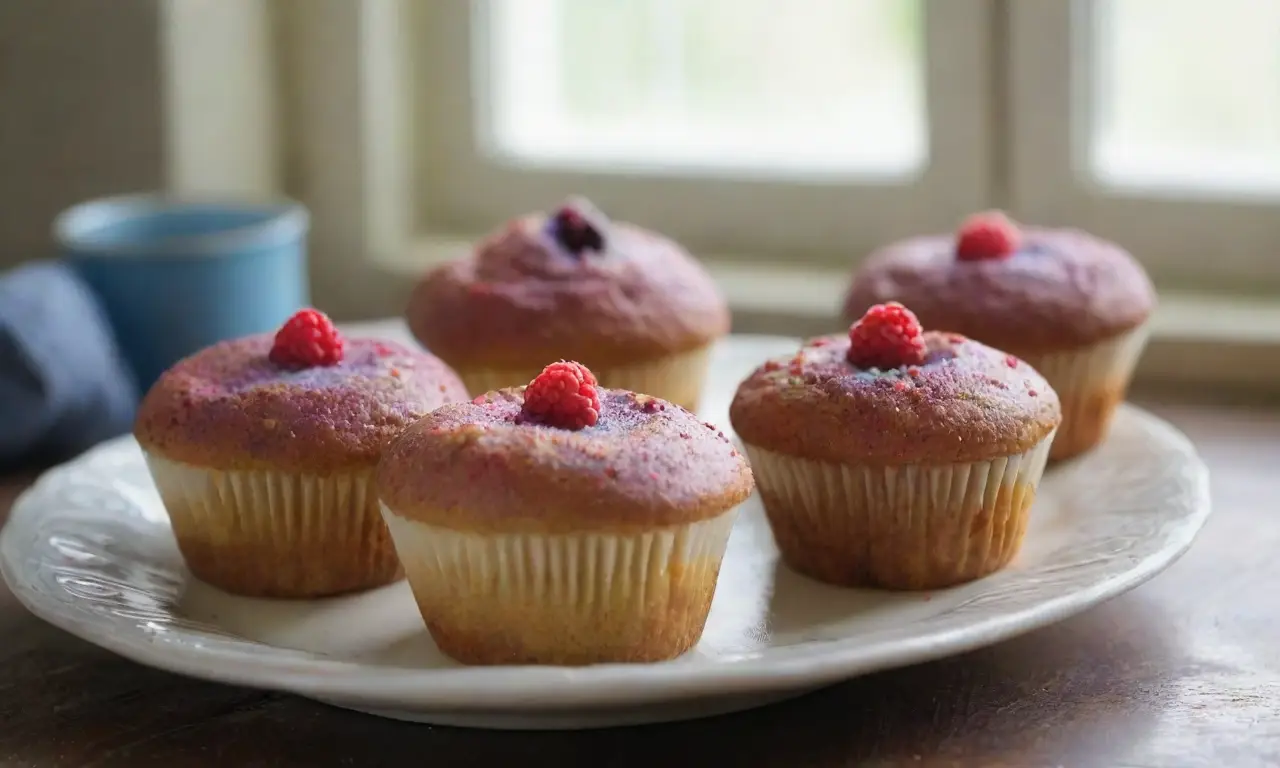Muffins y cupcakes coloridos en cocina iluminada