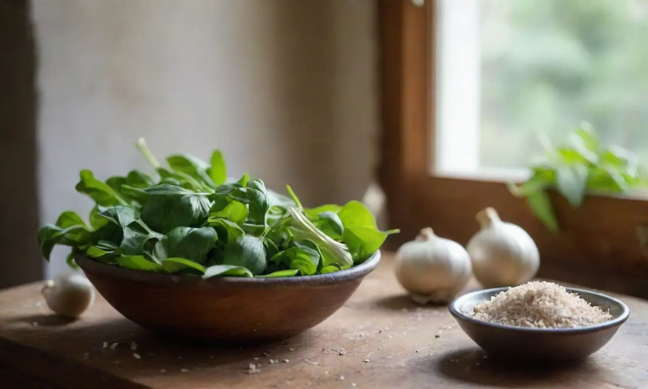 Encanto rústico en cocina con ajo y albahaca