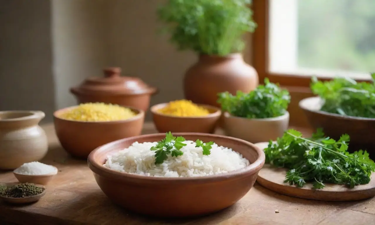 Mesa rústica con arroz y verduras coloridas