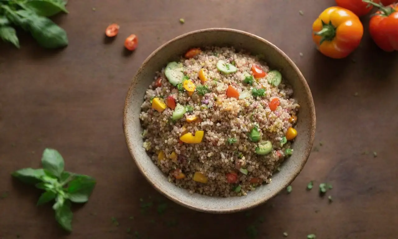 Bol de quinoa con verduras frescas y coloridas