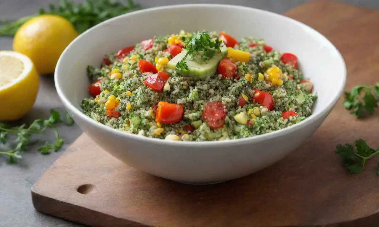 Ensalada colorida en tabla de madera