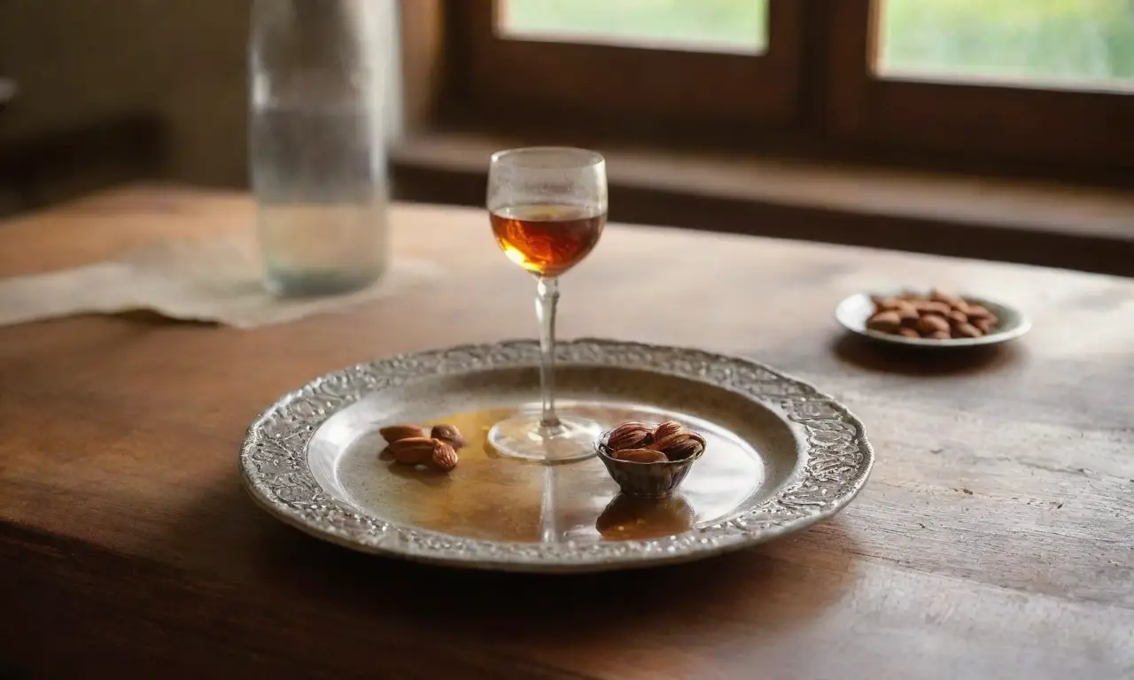 Mesa rústica con sherry y almendras