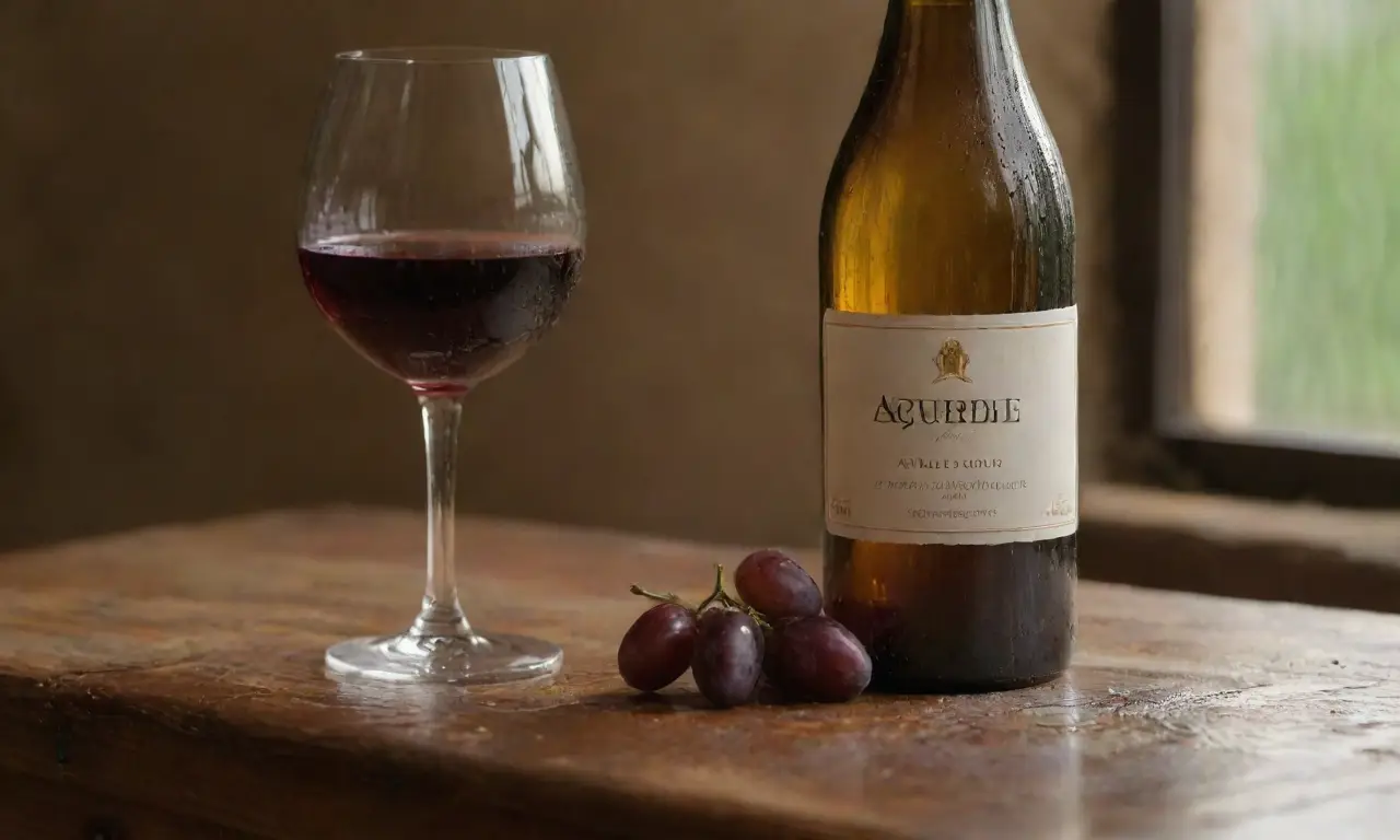 Mesa rústica con sherry, uvas y almendras