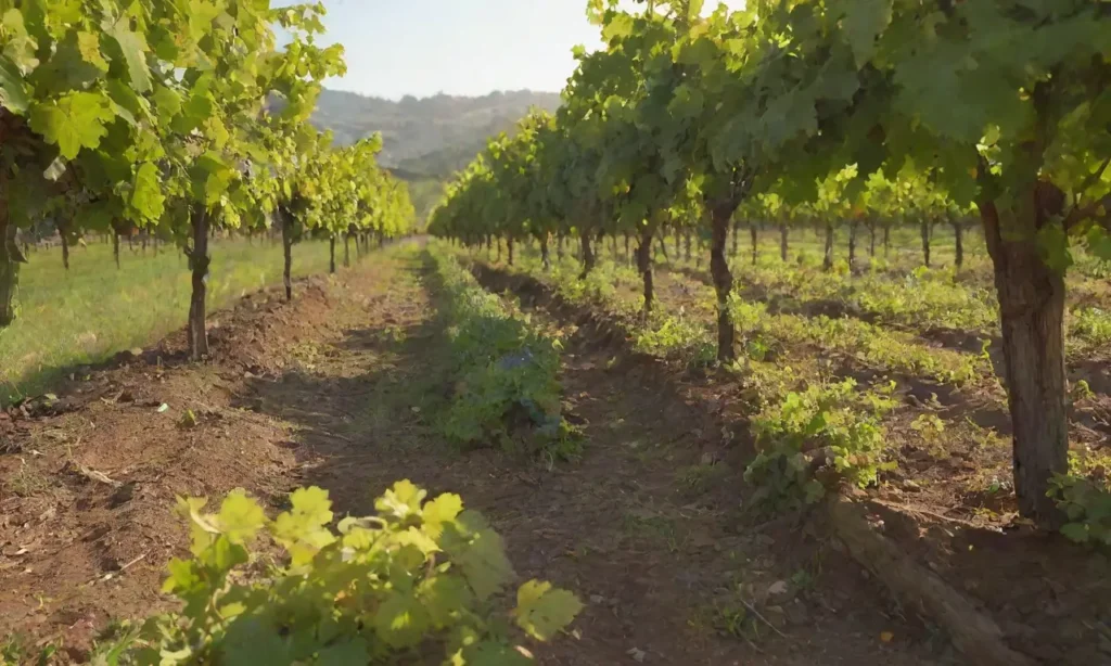 Viñedo soleado con uvas y barricas