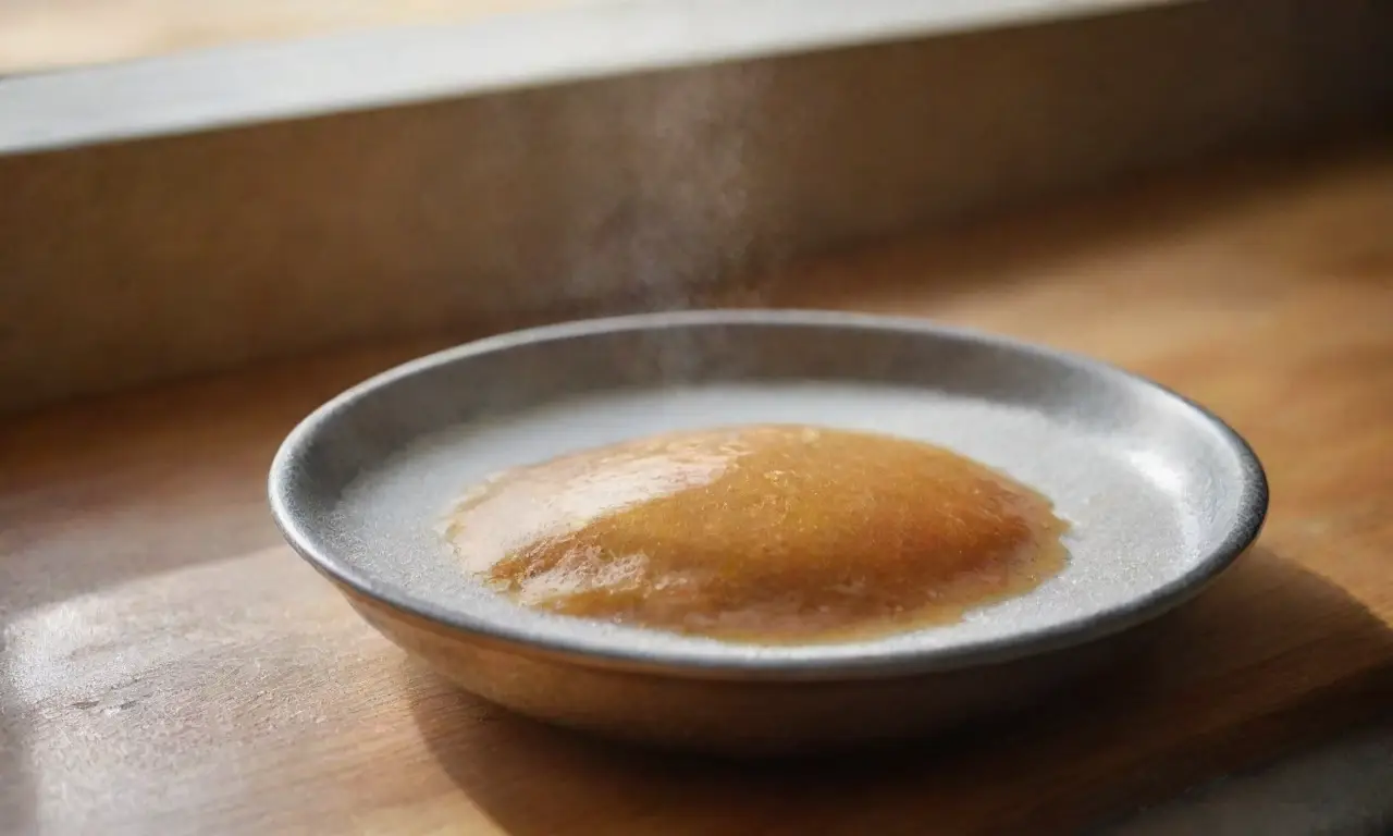 Sartén con azúcar caramelizando en cocina cálida