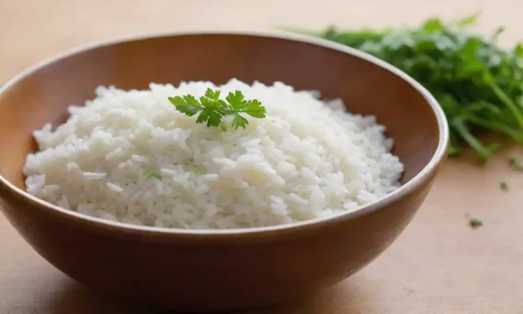 Tazón de arroz blanco humeante y decorativo