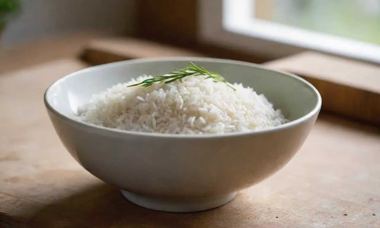 Tazón de arroz humeante con hierbas
