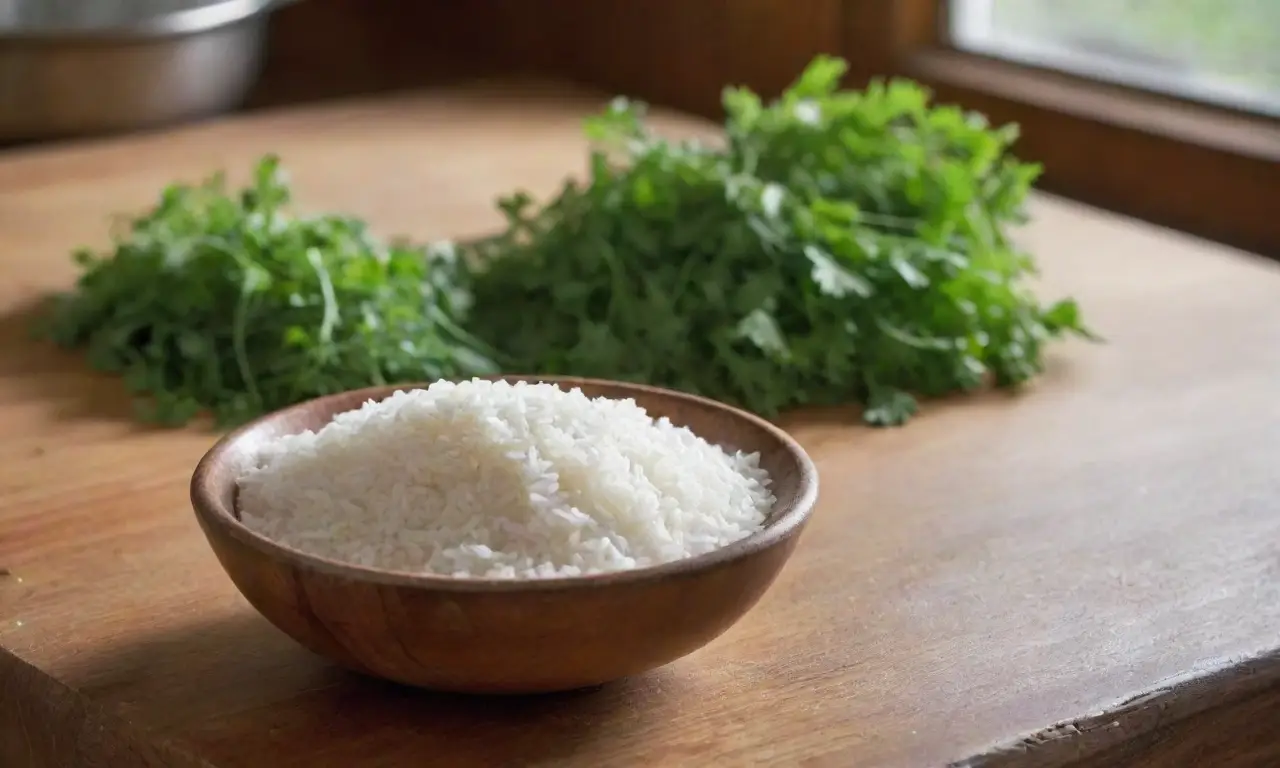 Cocina acogedora con arroz, hierbas y luz
