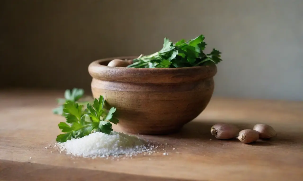 Encantadora cocina rústica con ajo y perejil