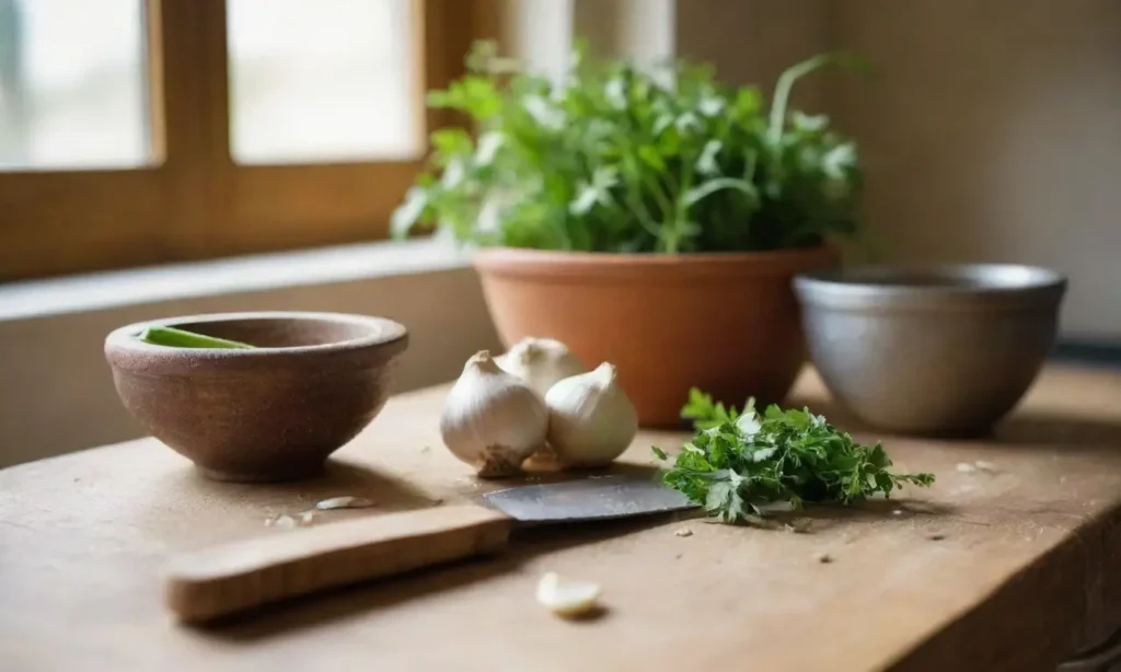 Encanto rústico de cocina con ajo y utensilios