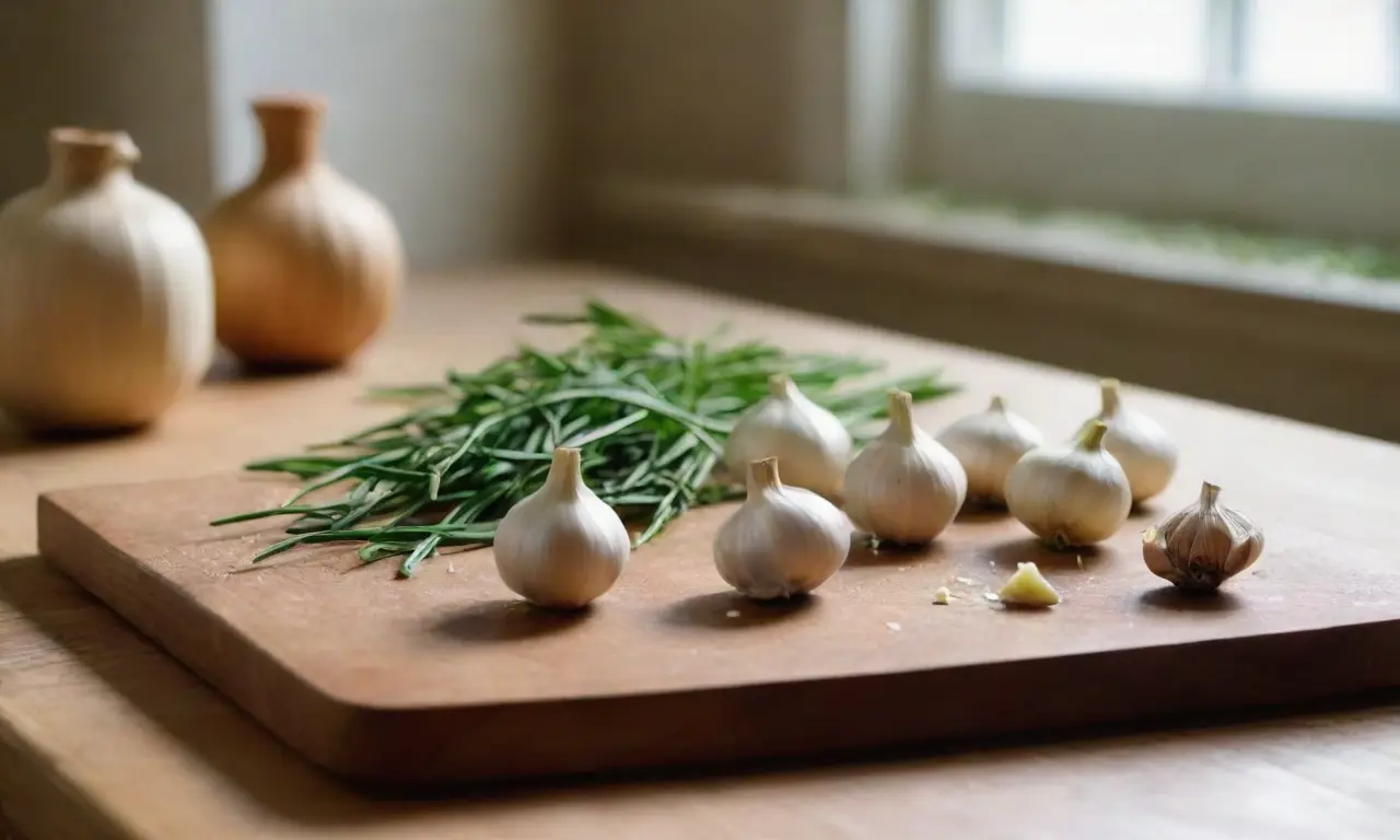 Tablero de madera con ajo y hierbas frescas