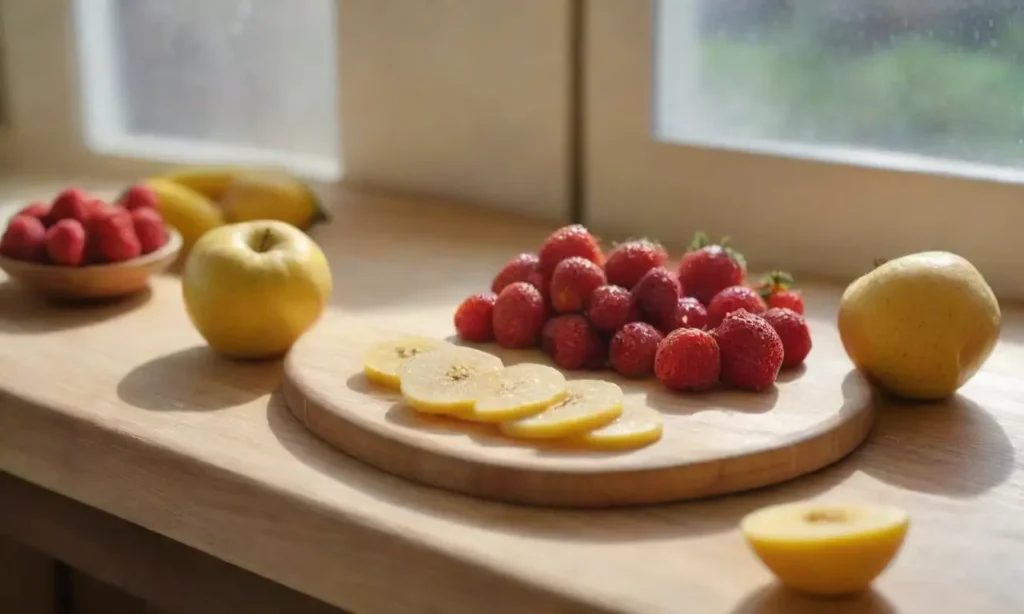 Encimera luminosa con frutas y calidez