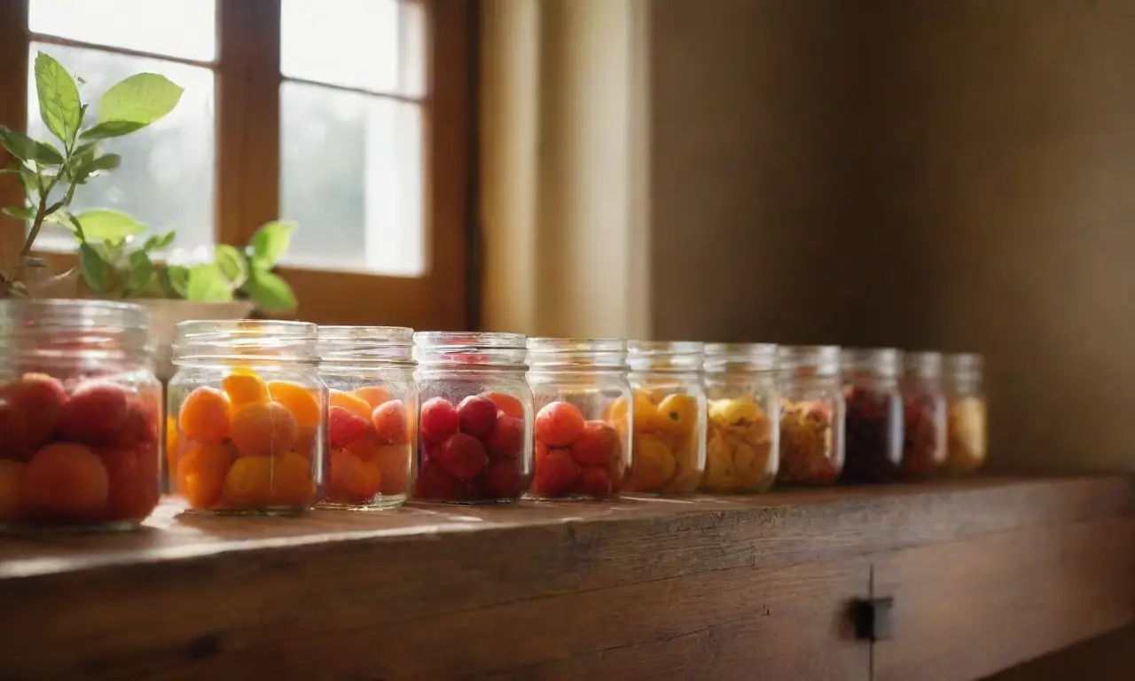 Estante de madera con frascos de frutas secas