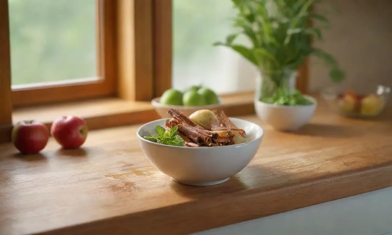 Encimera de madera con frutas y luz