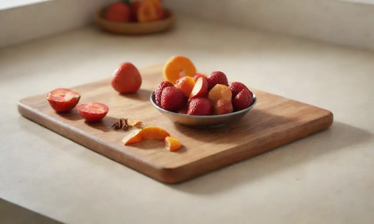 Cocina luminosa con frutas frescas y acogedoras