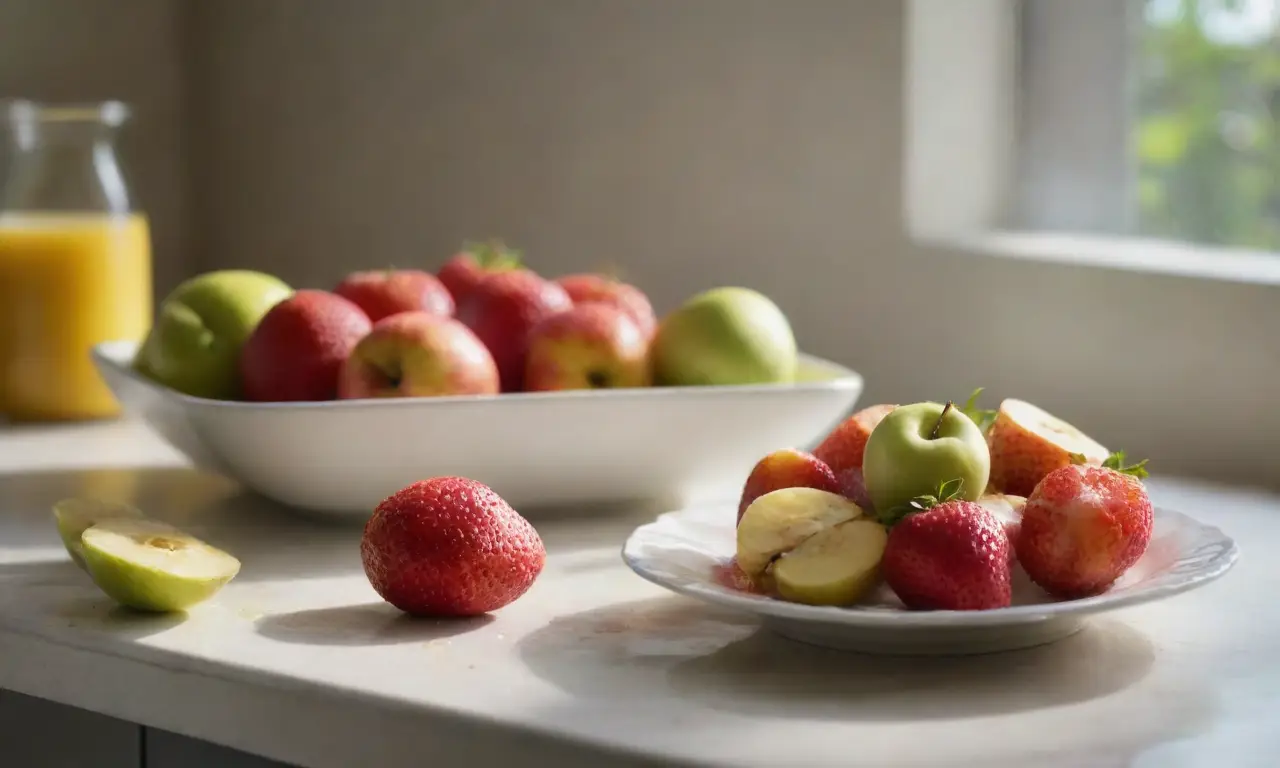 Cocina luminosa con fruta fresca y vibrante